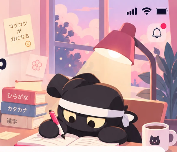 Maskot ninja Manakoto berlatih menulis di meja, ditemani buku Hiragana, Katakana, dan Kanji.